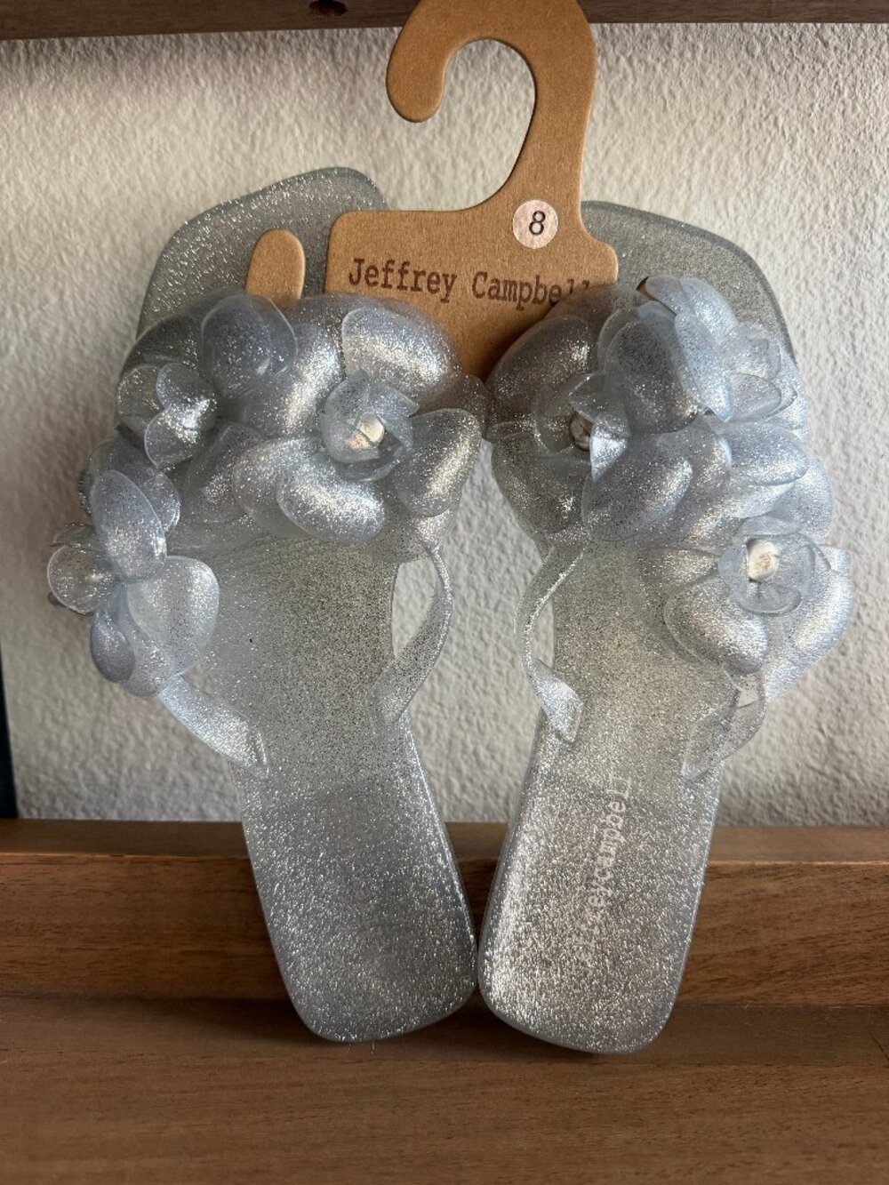 JEFFREY CAMPBELL silver glitter jelly floral thong sandals NWT  8